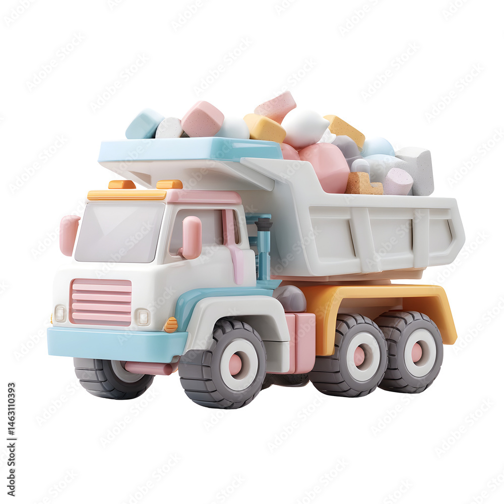 Leinwandbilder a playful 3d rendered dump truck with an open bed filled with a vibrant array of pastel colored shap