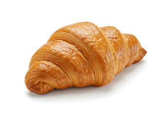 A single croissant with golden brown crust sitting on a white surface in a studio setting isolated view