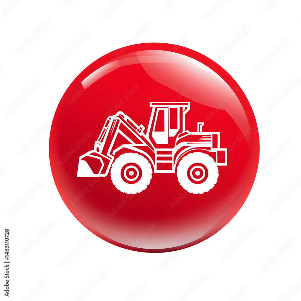 Poster minimalist red circular icon with a glowing white outline of a heavy construction vehicle such as a 