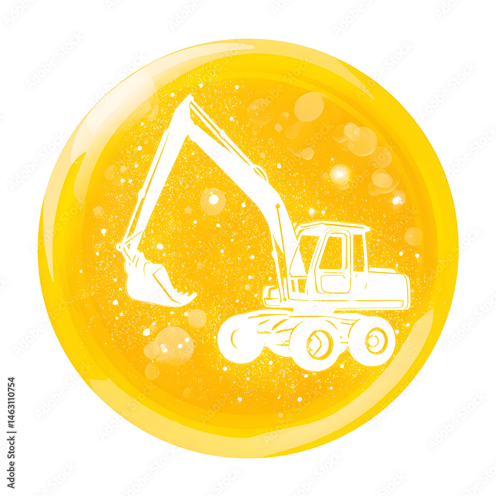 Poster Simplified white silhouette of a backhoe excavator icon encased in a bright yellow circular graphic or bubble shape with a clean minimalist design on a white background
