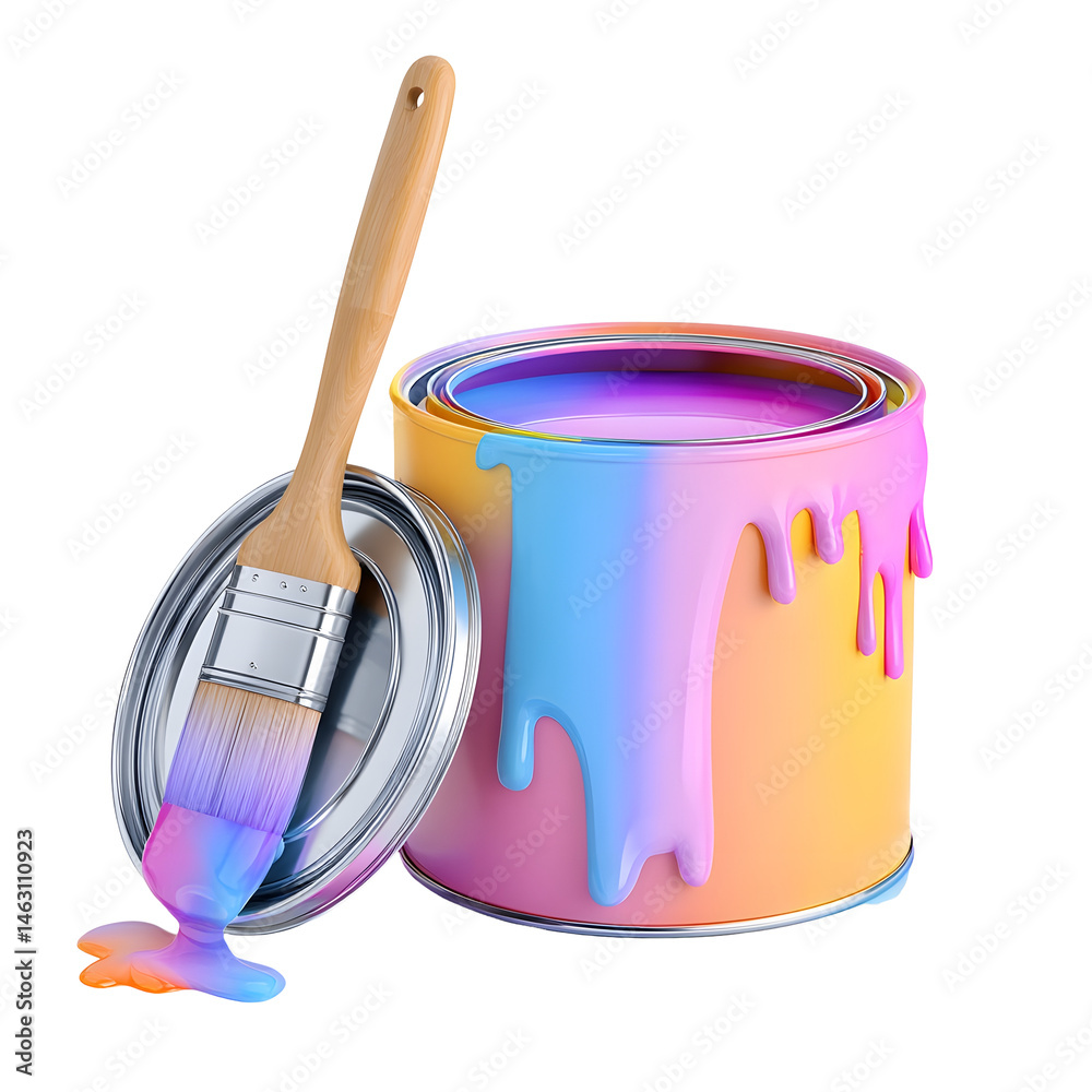Poster colorful 3d of an open paint can with dripping pastel toned paint and a paint brush creating a vibra