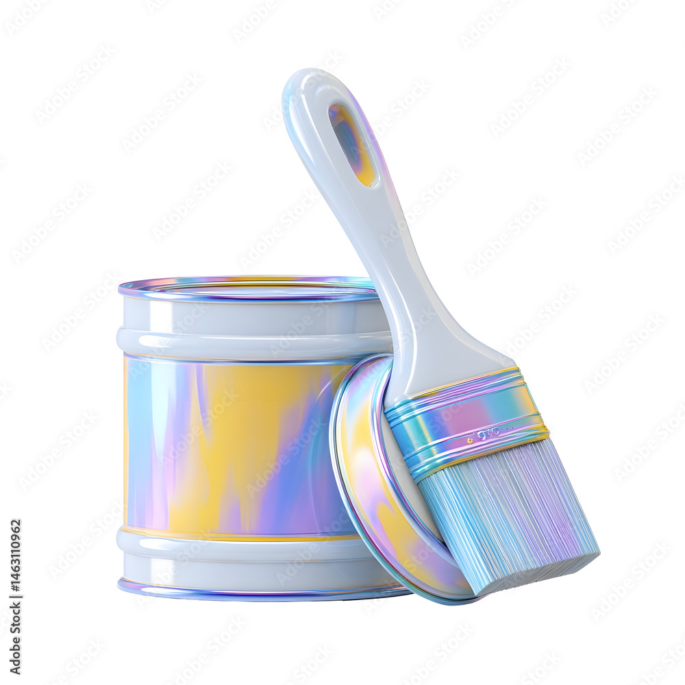 Poster a whimsical and playful composition featuring a pastel colored paint can with an iridescent multicol