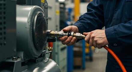 Close-up of a male technician's hands meticulously connecting an orange pneumatic air hose to an industrial compressor unit in a manufacturing workshop.