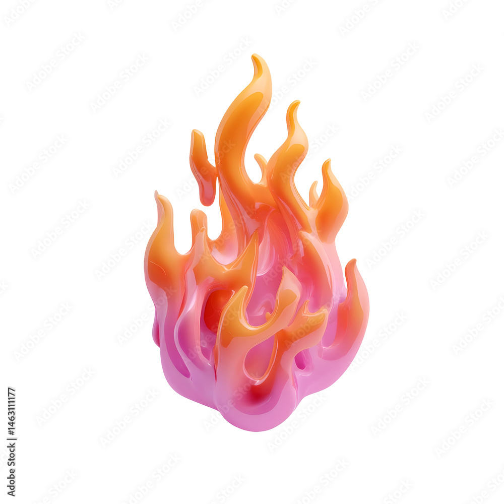 Poster Bright smooth and vivid pastel 3D rendering of an abstract stylized fire symbol with a soft orange pink gradient floating against a clean white background