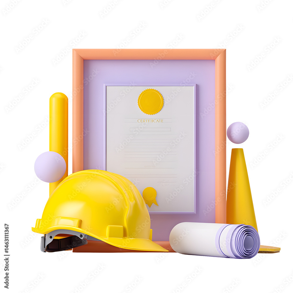 Poster a framed engineering certificate sits alongside a yellow construction hardhat creating a minimalist 
