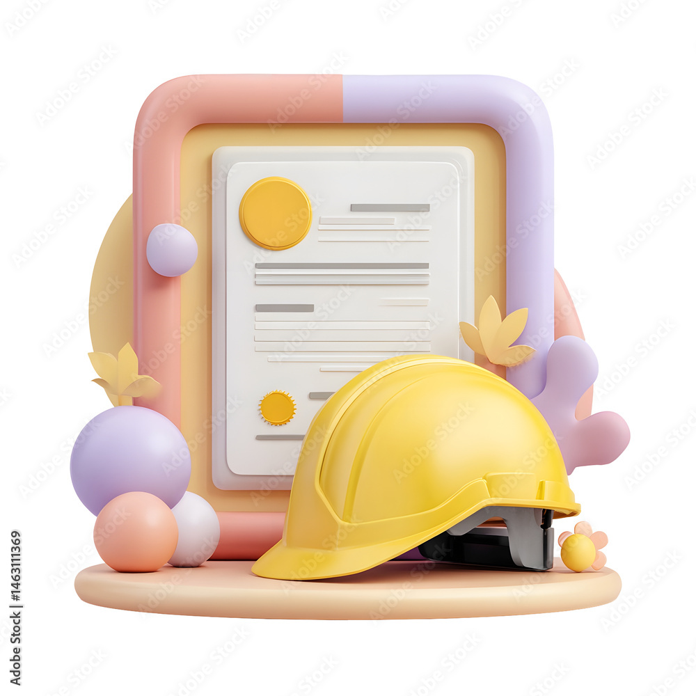 Poster Playful 3D render of a framed engineering certificate and safety helmet in a bright clean and minimal pastel color palette against a white background