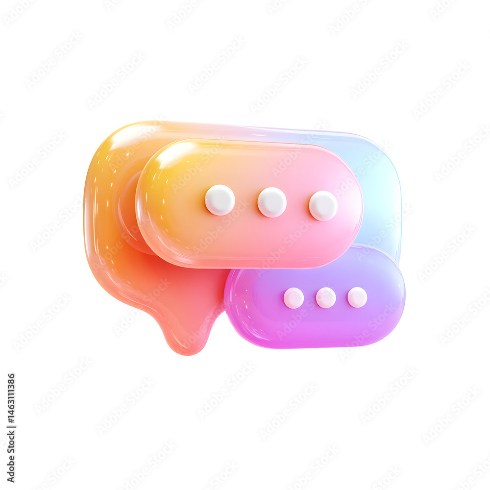 Fototapete Colorful and vibrant 3D of a pastel speech bubble with three chat dots representing an ongoing digital conversation or message exchange