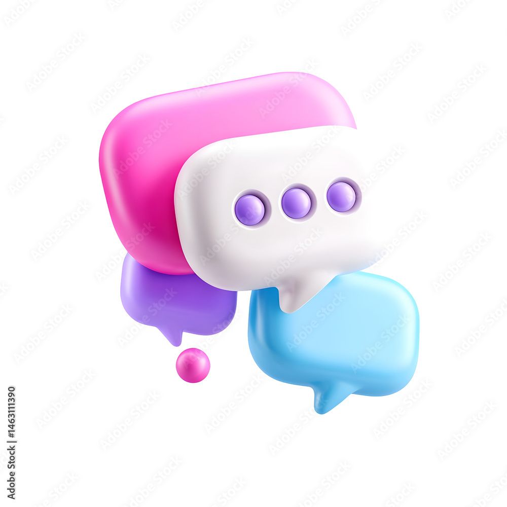 Poster A vibrant pastel colored 3D of a chat bubble with three dots representing an ongoing conversation or message exchange