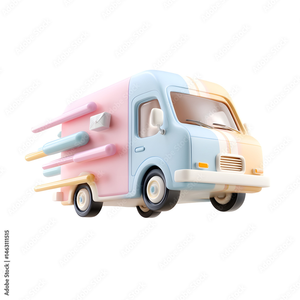 Poster whimsical 3d of a colorful pastel delivery truck speeding forward with motion blur effects depicting