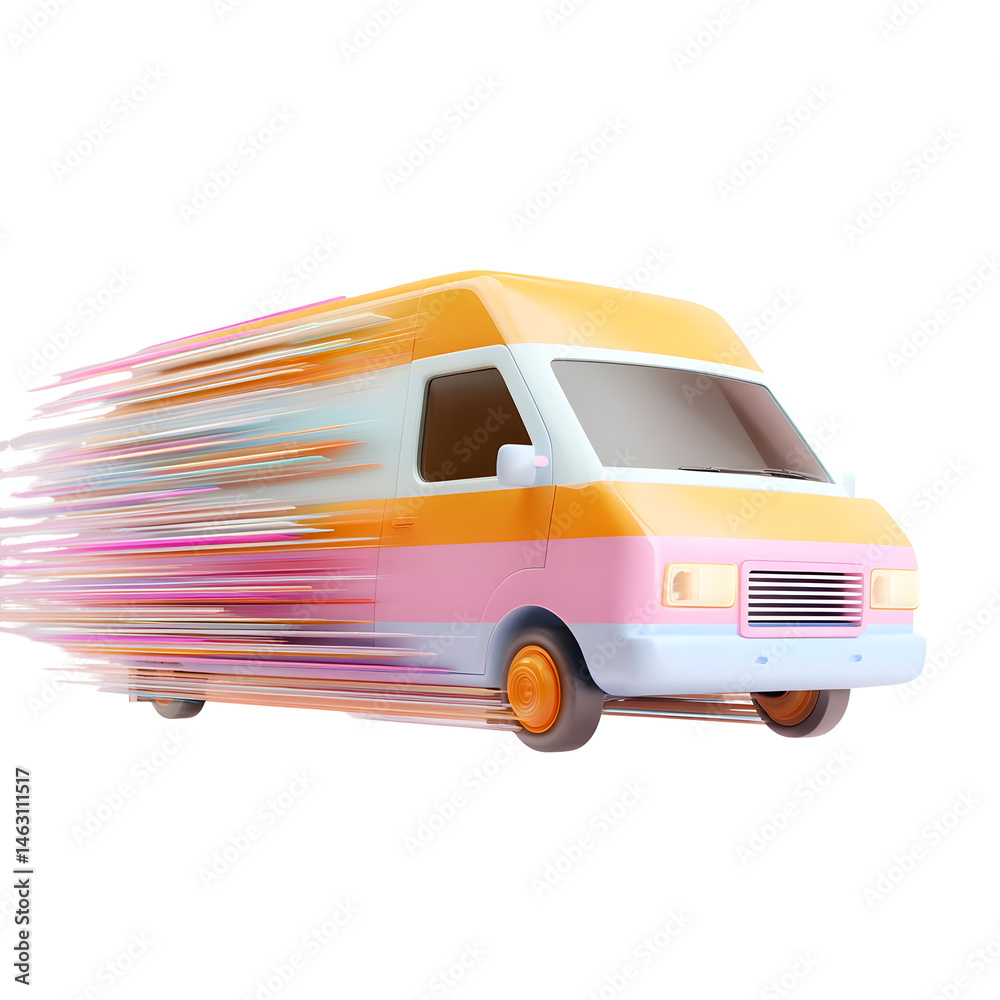 Poster a brightly colored 3d rendered cargo van rapidly moving symbolizing the speed and efficiency of expr