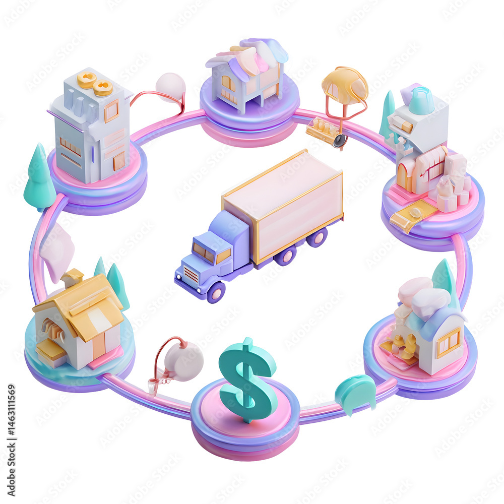 Poster vibrant 3d pastel depicting a circular supply chain system with interconnected elements like a facto