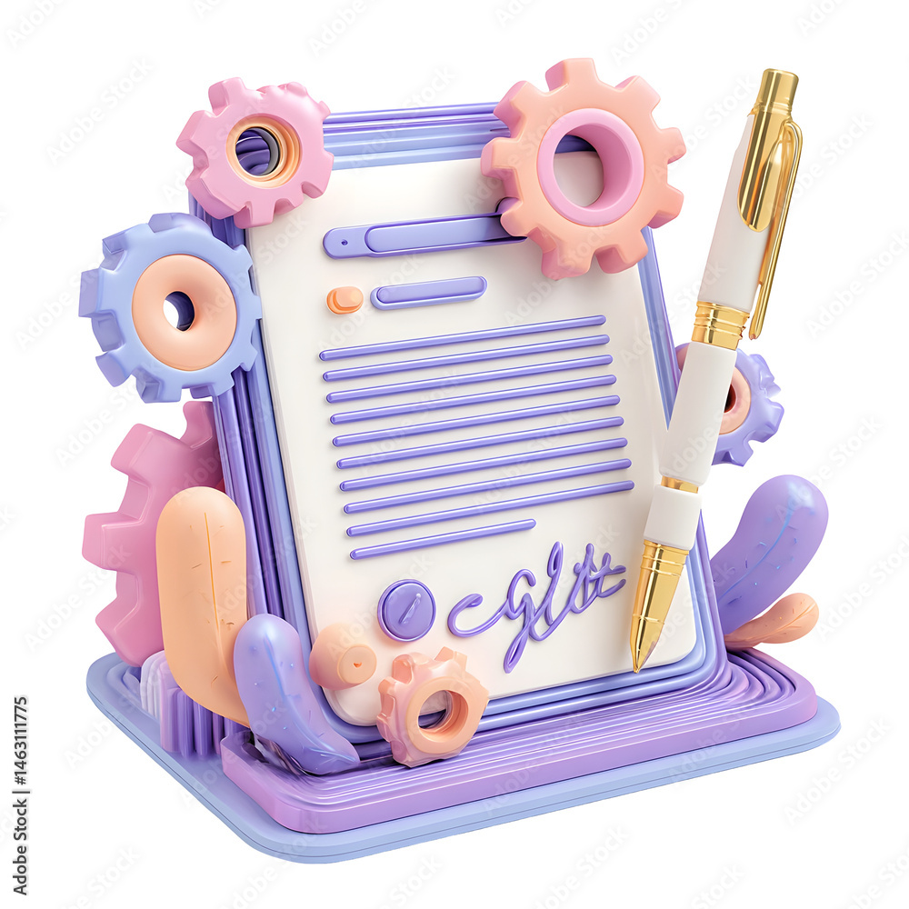 Leinwandbilder a pastel toned 3d of a signed contract document with a gear and pen symbolizing a technical agreemen