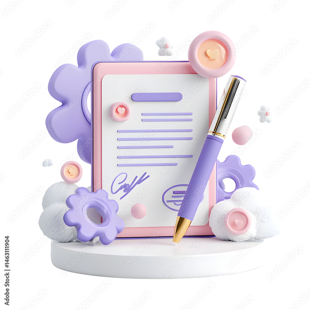 Leinwandbilder minimalist 3d of a pastel toned contract form with a floating signature pen representing the adminis