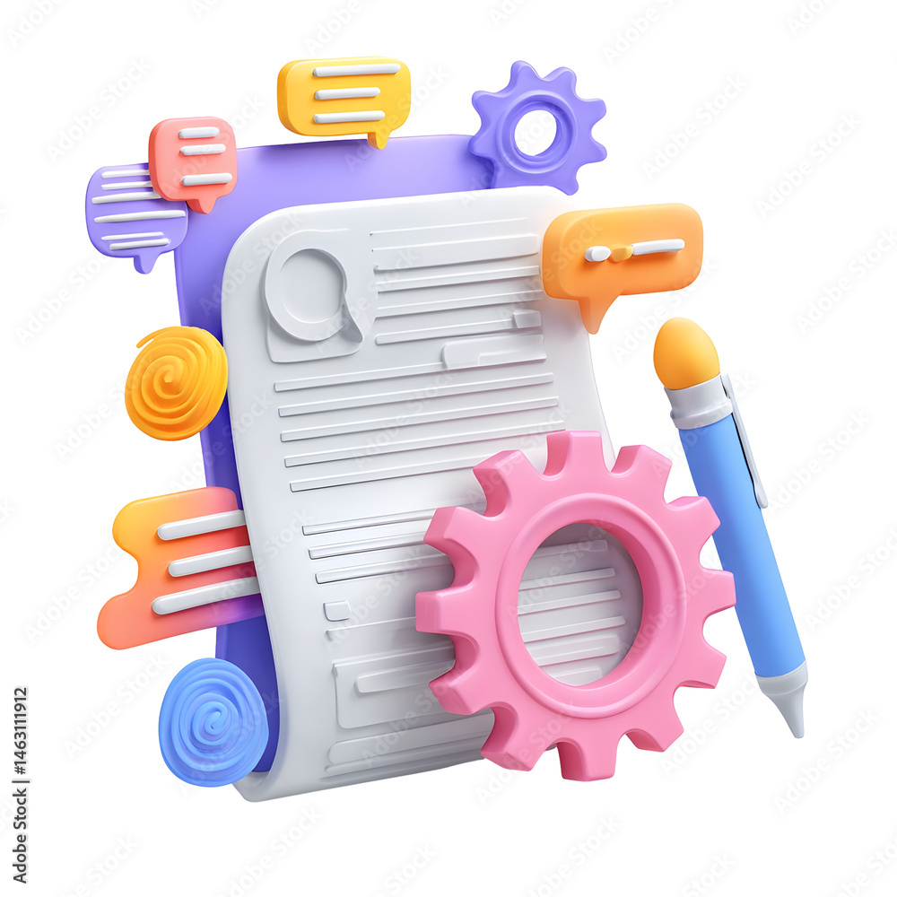 Poster Colorful 3D rendering of a document icon surrounded by various pastel colored shapes and a floating gear representing workflow organization