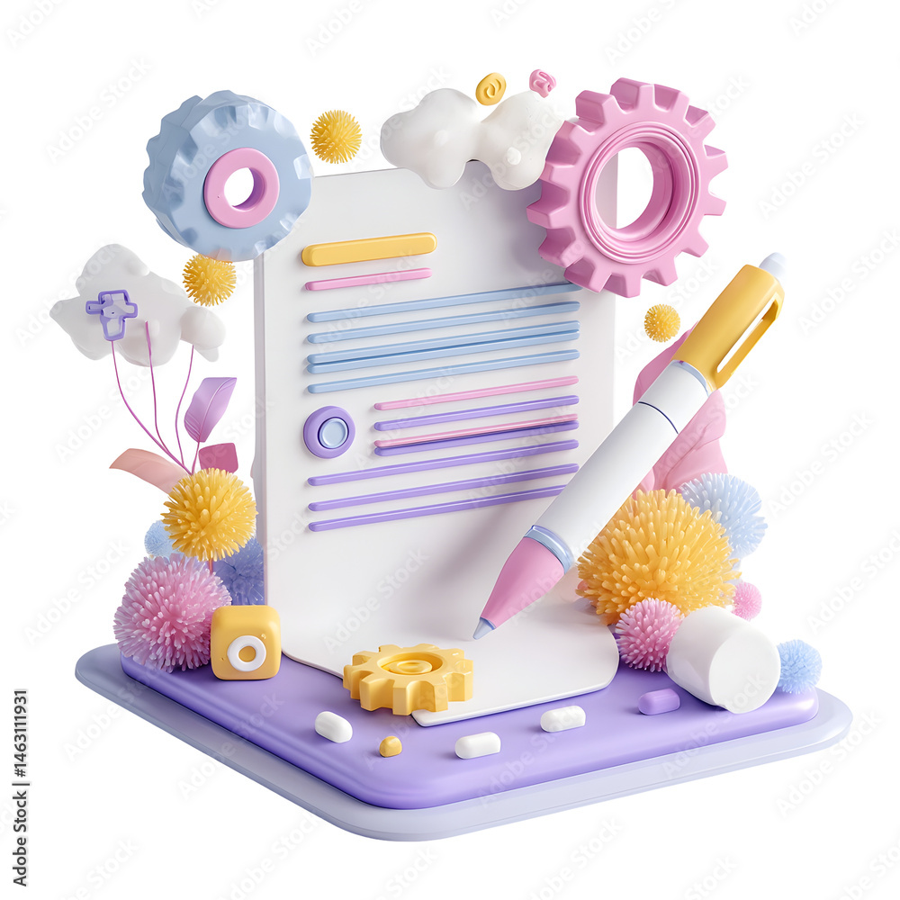 Aufkleber whimsical pastel colored 3d composition featuring a document floating alongside gears symbolizing th