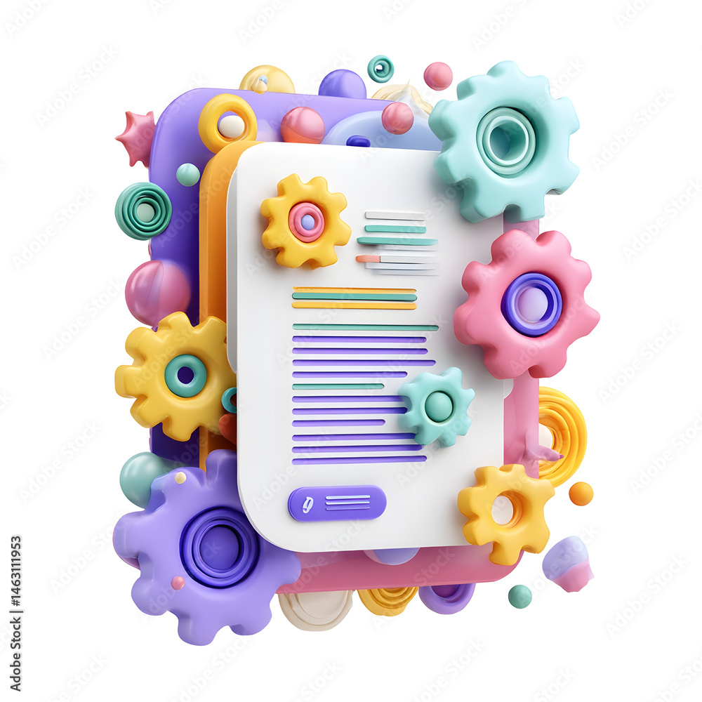 Poster colorful pastel 3d depiction of a document with gears for system approval and signature showcasing a