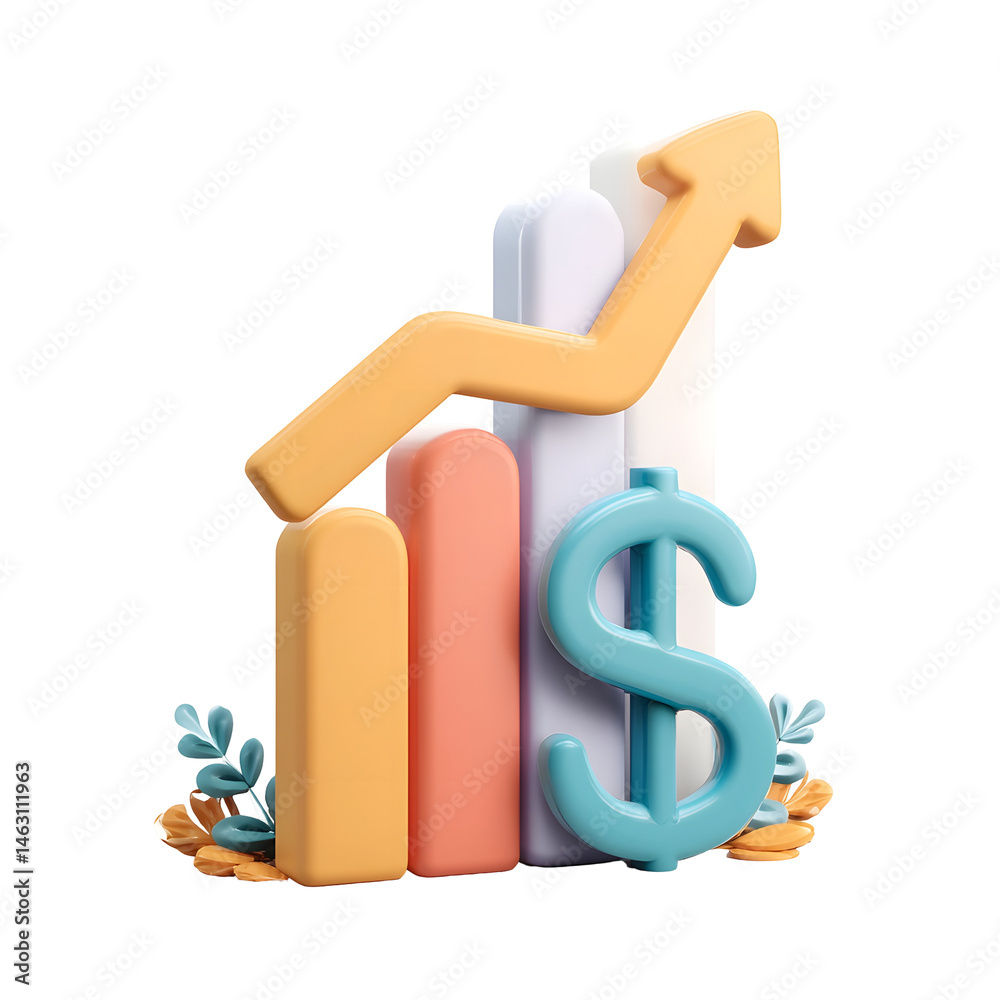 Aufkleber colorful 3d depicting a pastel toned bar chart with an upward facing arrow symbolizing business grow