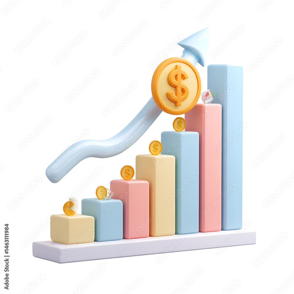 Poster whimsical pastel 3d model depicting an upward trending bar chart with a dollar sign icon symbolizing