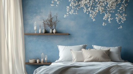 Serene bedroom with blue wall and decorative elements