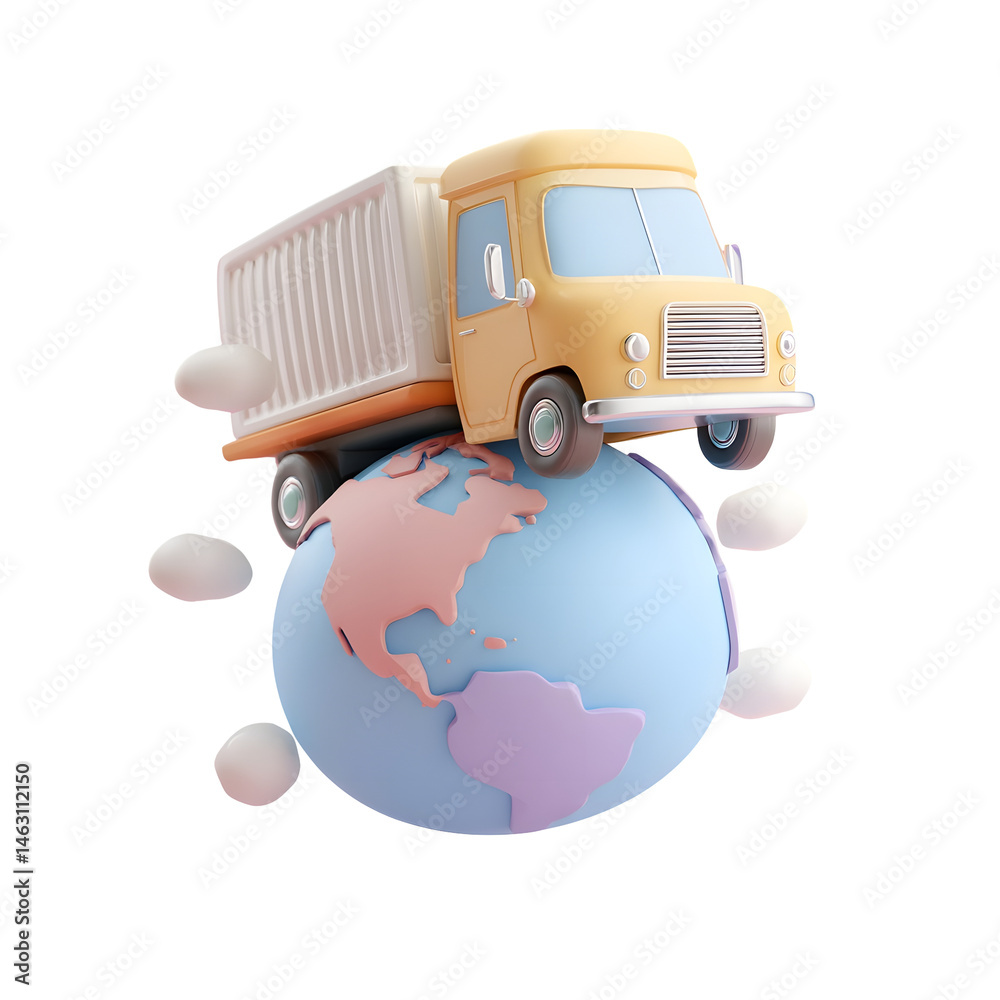 Poster whimsical pastel 3d rendering of a compact delivery truck transporting goods across the stylized ear