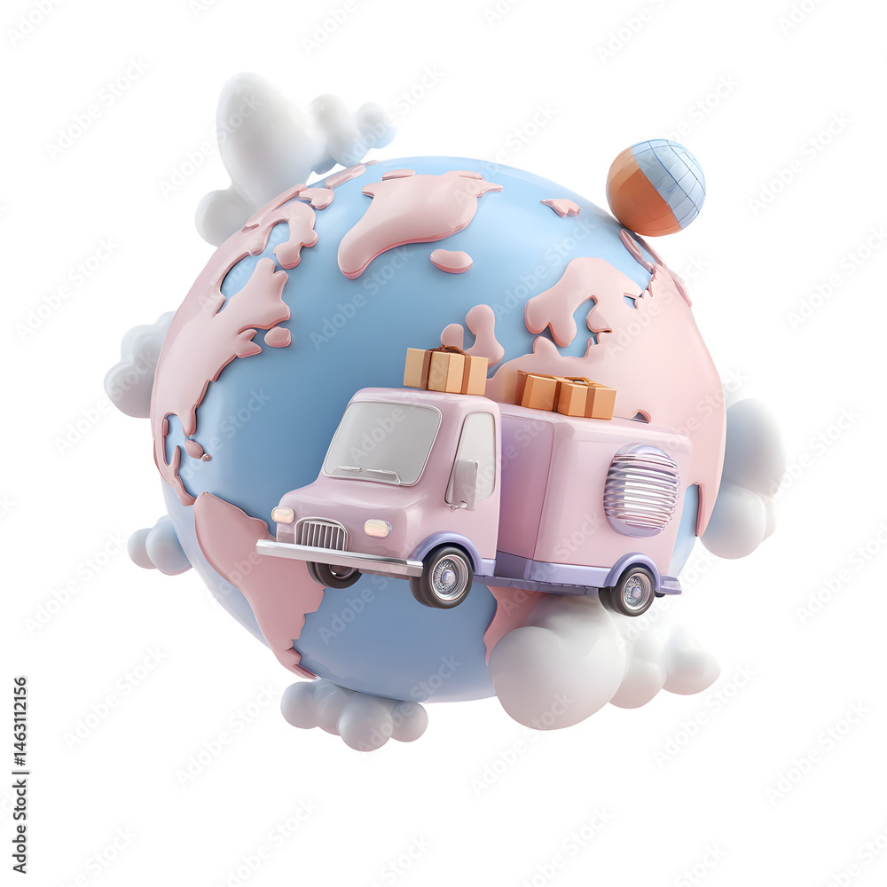 Poster a playful pastel colored 3d rendering of a small delivery truck or freight vehicle floating in a sur