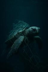 Fototapeta premium A sea turtle struggling underwater, its body entangled in torn fishing nets, symbolizing the impact of ocean pollution. The scene is dark and moody, with murky blue lighting and deep shadows