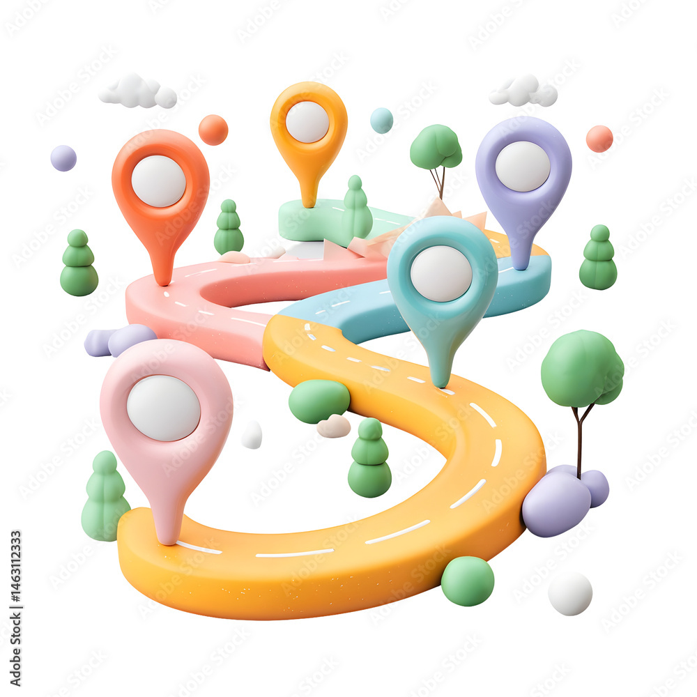 Poster Vibrant and whimsical 3D depicting a network of connected paths map pins and a winding zigzag route symbolizing the journey of delivery
