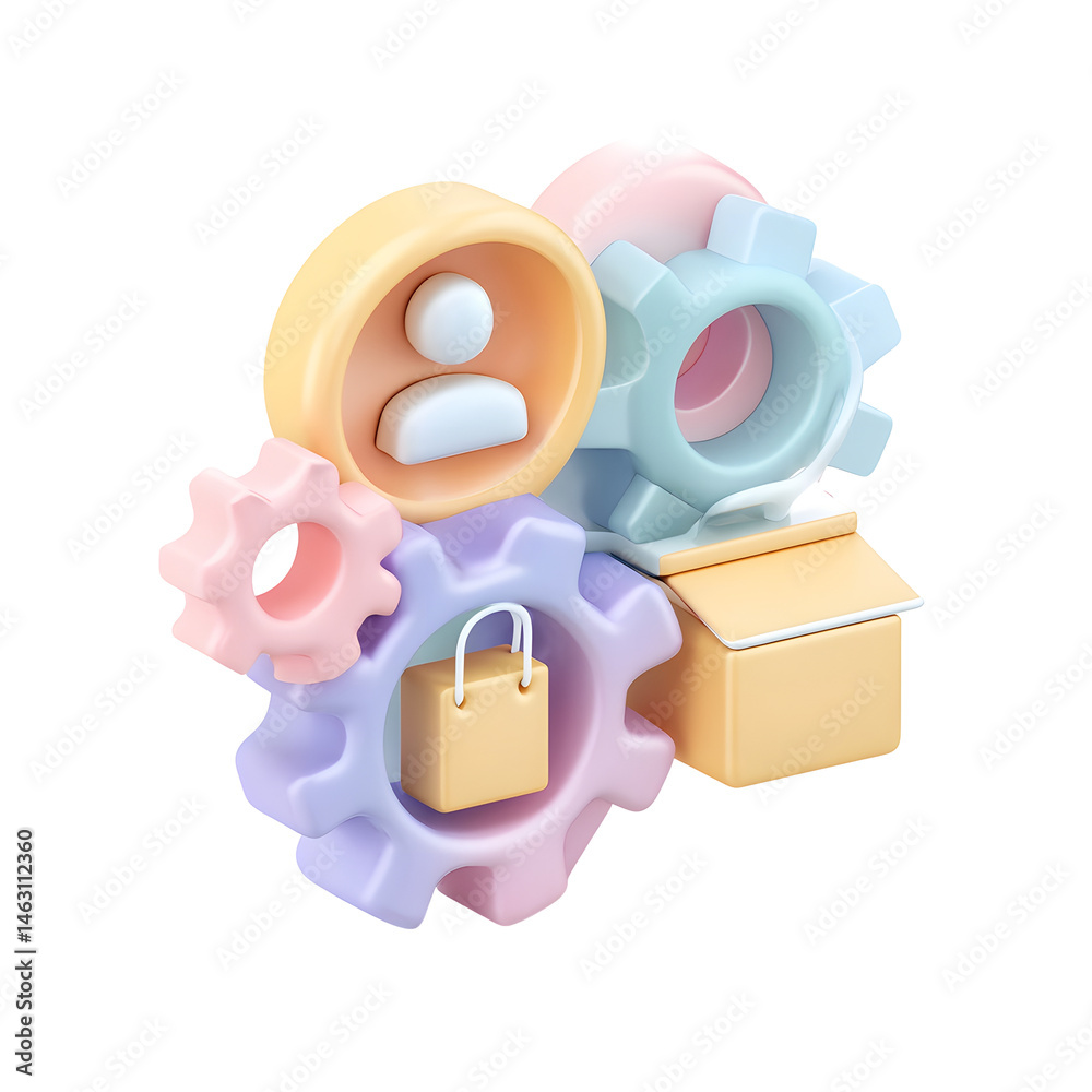 Aufkleber Abstract 3D render in soft pastel colors depicting a user icon linked to a gear and package symbolizing the coordination and logistics involved in various digital and business processes