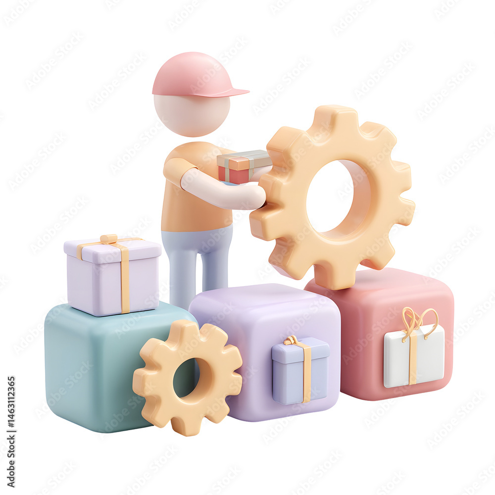 Poster A minimalist pastel colored 3D scene depicting a simplified figure representing a supply manager interacting with geometric cubes and gears symbolizing packages and systems