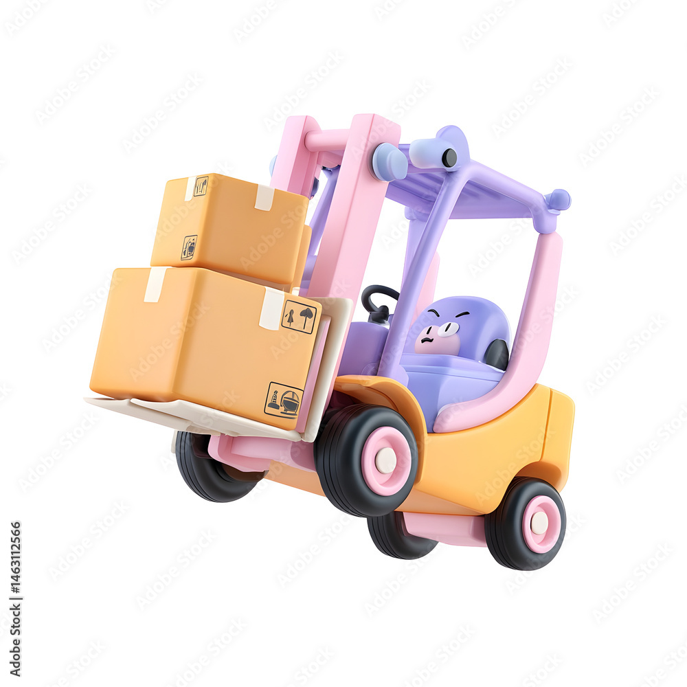 Aufkleber Whimsical 3D of a vibrant pastel colored forklift lifting two cardboard boxes in a smooth minimalist style