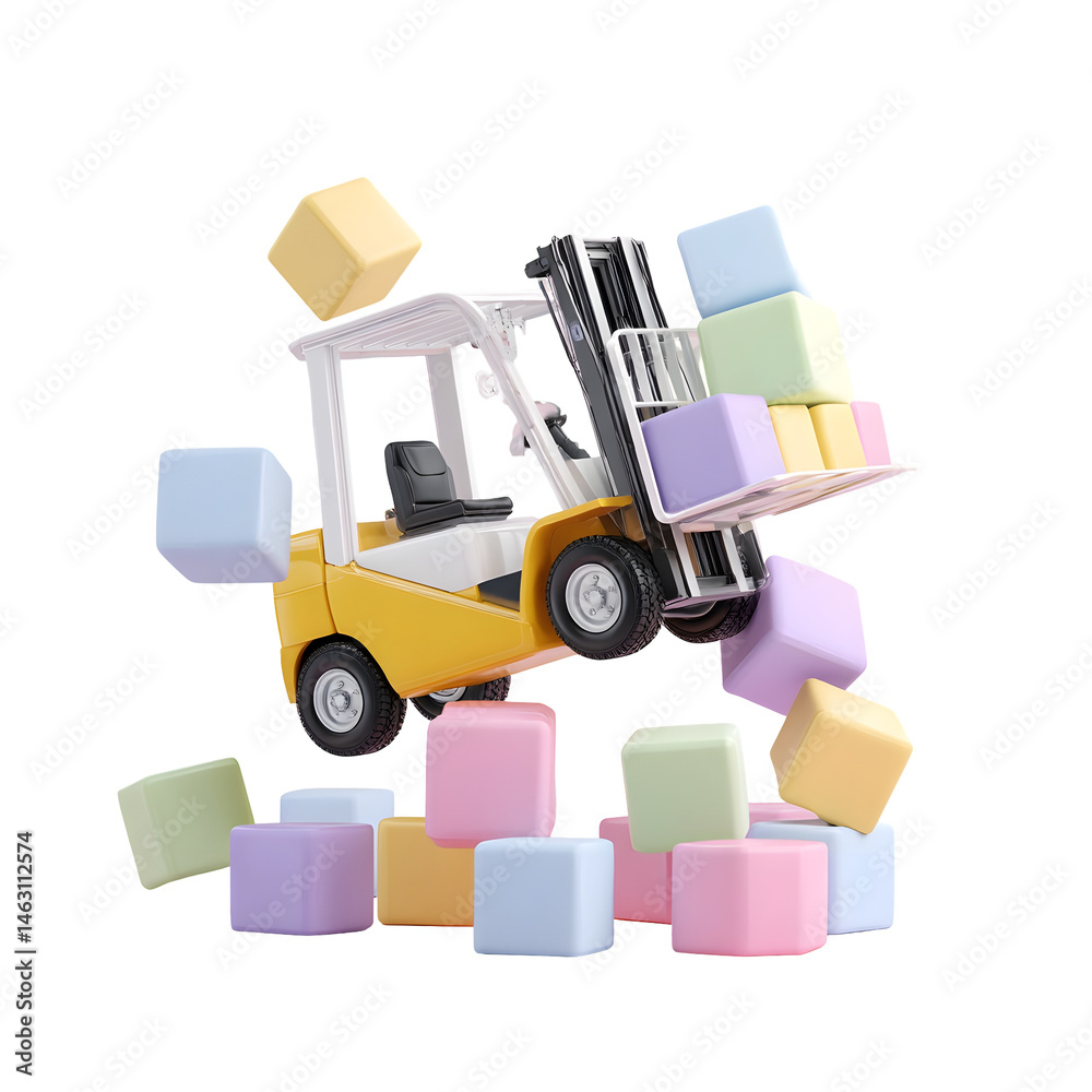 Aufkleber whimsical 3d rendering of a forklift carrying colorful pastel cargo boxes in a stylized warehouse di