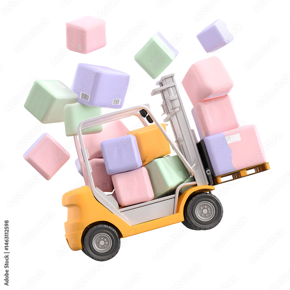 Poster A digitally rendered 3D image of a forklift in motion carrying pastel colored cuboid cargo boxes against a minimalist white background