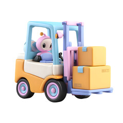 A 3D pastel toned of a cheerful stylized forklift lifting two cardboard boxes in a clean bright setting