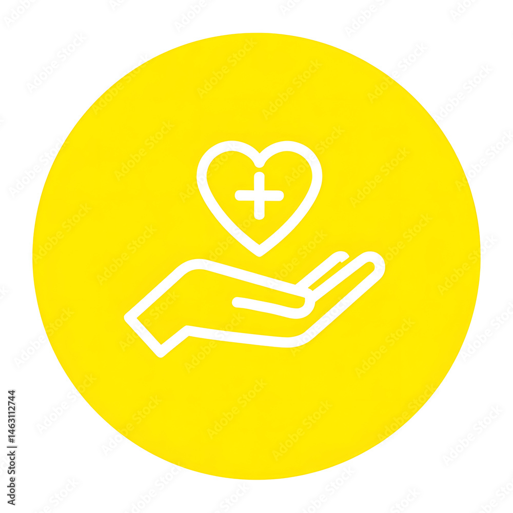 Leinwandbilder a minimalist bright yellow circular icon depicting a white outline of a heart resting in an open pal