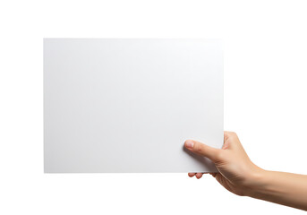Obraz premium A hand holding a blank white rectangular piece of paper against a white background in a studio shot