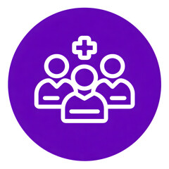 Minimalist glow white icon depicting a health network with four human figures and a cross in the center placed in a purple circular bubble