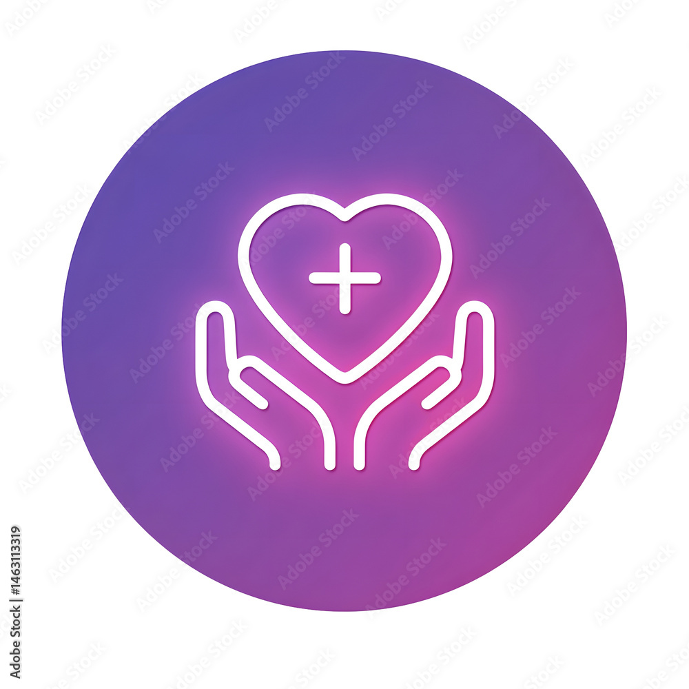 Aufkleber an icon depicting two caring hands gently holding a glowing heart with a plus sign symbolizing compa