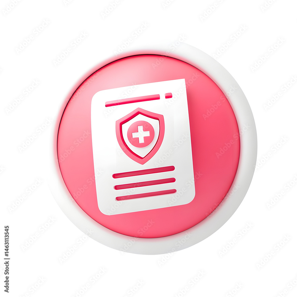 Poster Minimalist digital icon depicting a medical or healthcare document symbol enclosed within a protective shield or badge set against a vibrant pink circular background