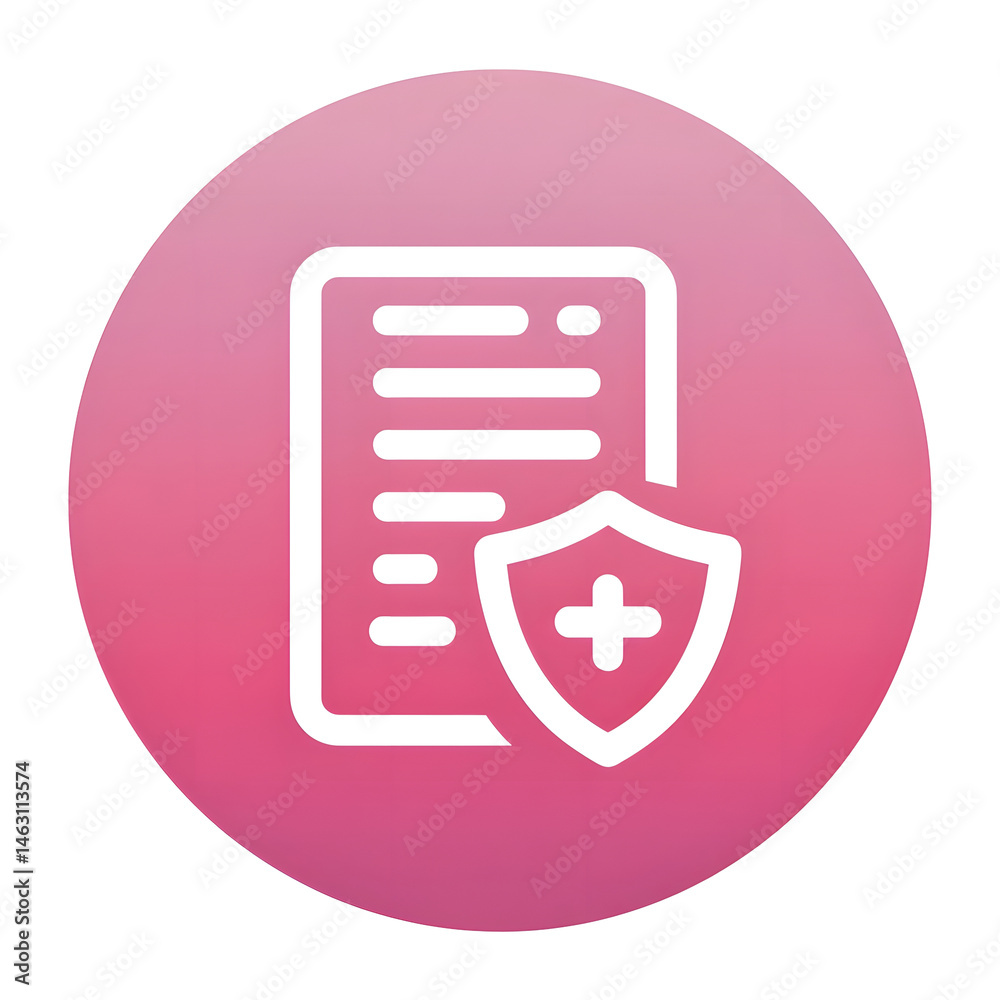 Poster Minimalist glow white icon of a health document symbol with protective badge inside a pink circular bubble on a white background