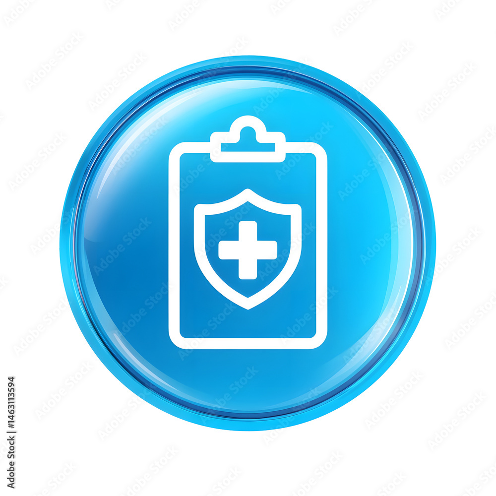 Poster a simple modern icon featuring a white medical clipboard with a shield and cross symbol placed withi