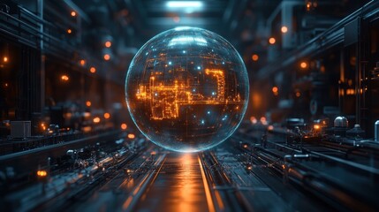 Futuristic Tech Sphere in a Cybernetic Landscape