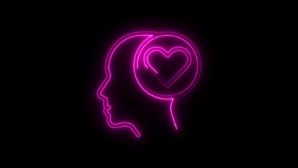Neon head silhouette with heart symbol love and emotions concept on black