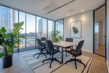 Fototapeta premium A modern conference room featuring a large table surrounded by ergonomic chairs. adorned with lush plants. overlooking a vibrant street scene through expansive windows