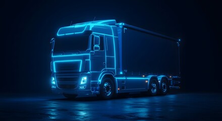 Futuristic Truck with Glowing Neon Outline on Dark Background