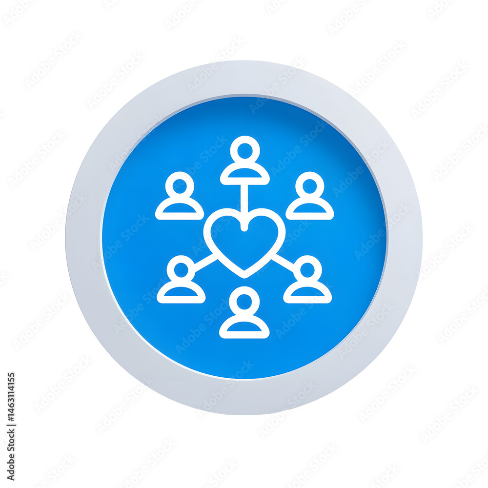 Poster minimalist icon depicting a team of people arranged symmetrically around a central heart symbol repr