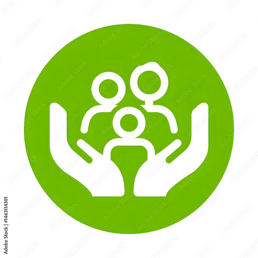 Aufkleber an abstract icon depicting hands gently holding a family symbol within a circular protective green s
