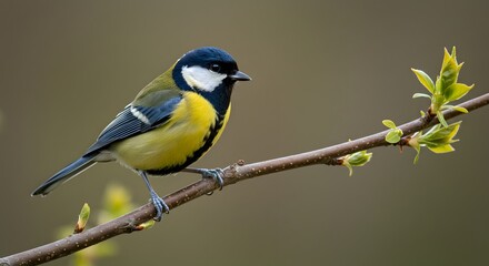 Fototapeta premium Great Tit Bird Perched on Branch with New Spring Leaves