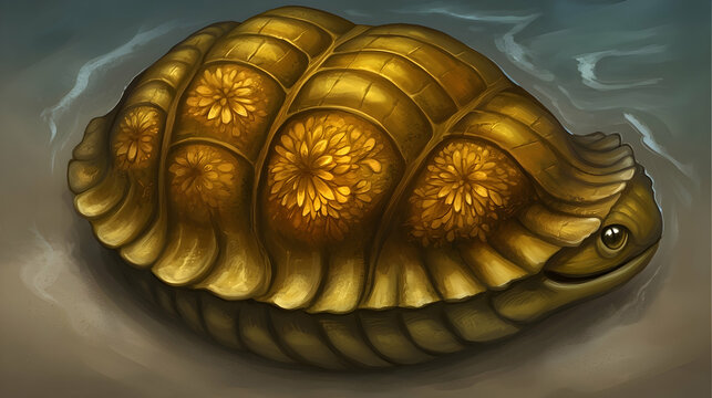 Golden turtle with flower shell in water, fantasy illustration