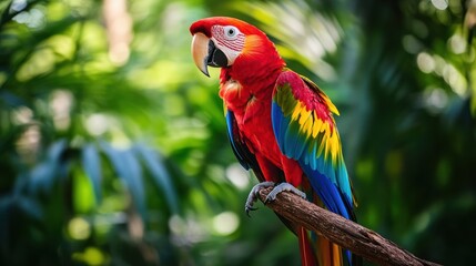 Obraz premium Vivid Scarlet Macaw Perched Majestically Amidst Lush Tropical Canopy Splendor