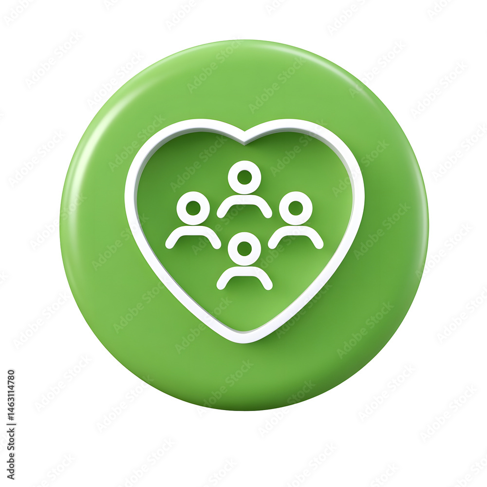 Aufkleber green circular icon depicting a heart shaped symbol with four human figures representing the and int